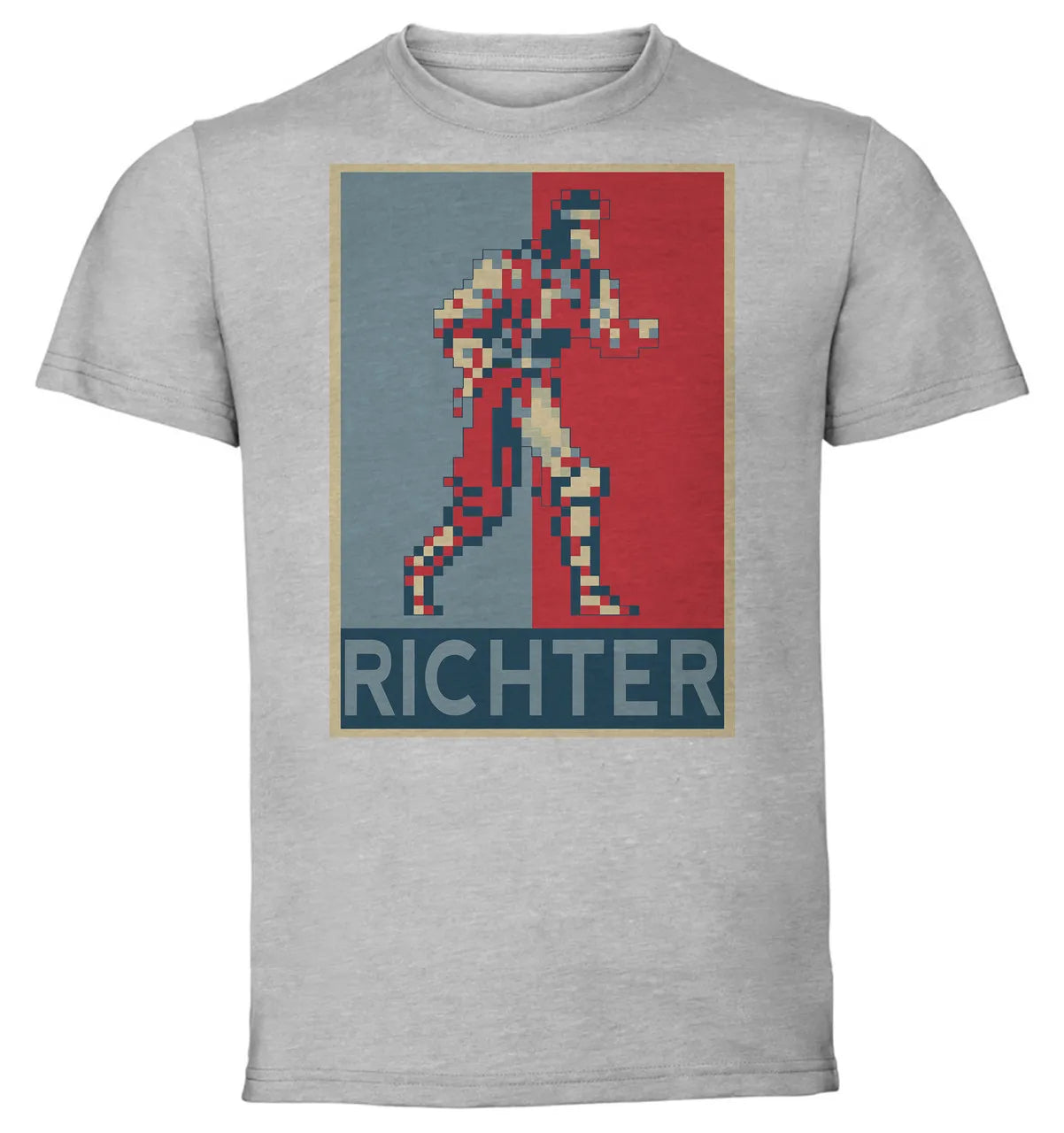 Unisex Grey Pixel Art T-Shirt - Castlevania Richter Belmont